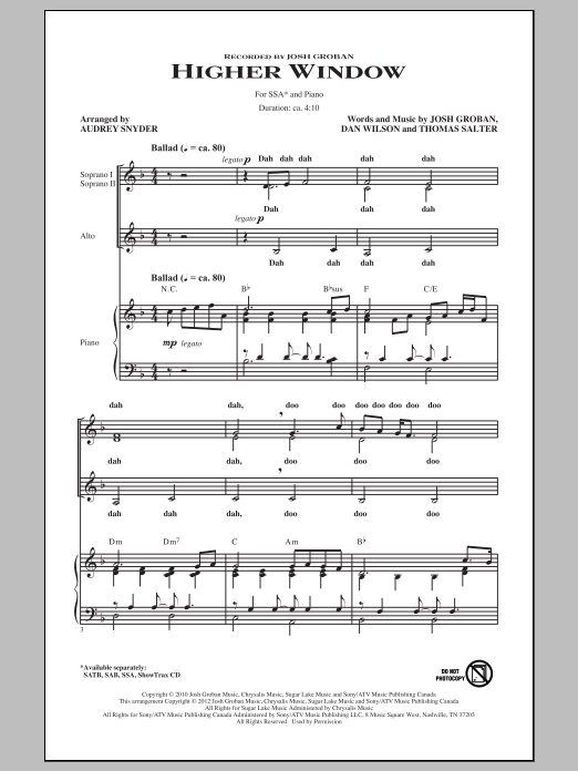 Download Josh Groban Higher Window (arr. Audrey Snyder) Sheet Music and learn how to play SAB PDF digital score in minutes