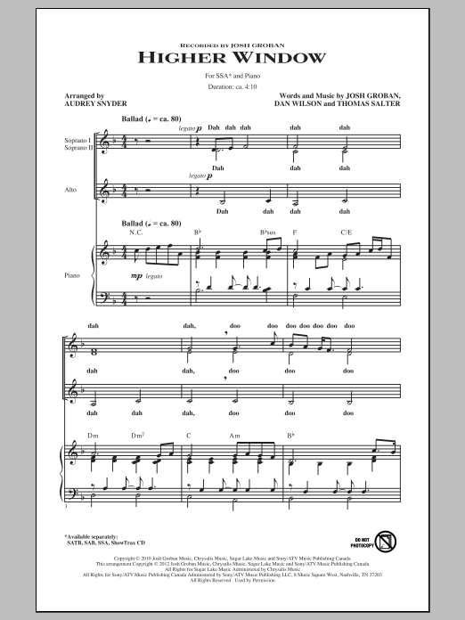 Download Josh Groban Higher Window (arr. Audrey Snyder) Sheet Music and learn how to play SATB PDF digital score in minutes