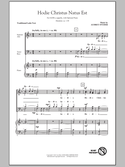 Download Audrey Snyder Hodie Christus Natus Est Sheet Music and learn how to play SATB PDF digital score in minutes