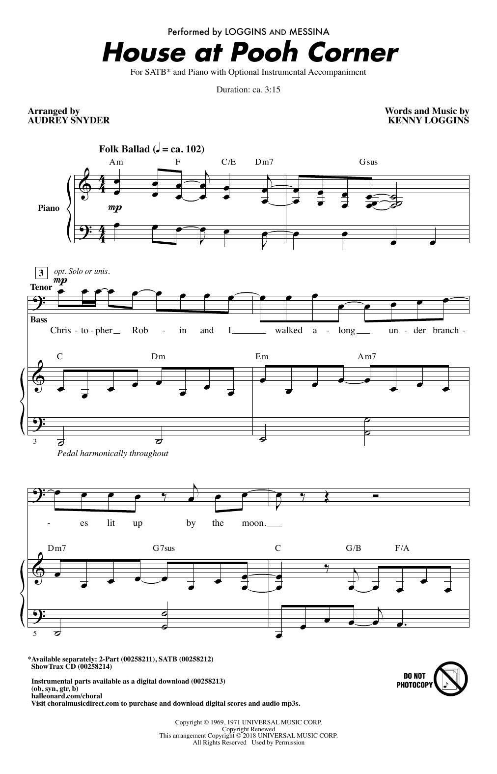 Download Audrey Snyder House At Pooh Corner Sheet Music and learn how to play 2-Part Choir PDF digital score in minutes