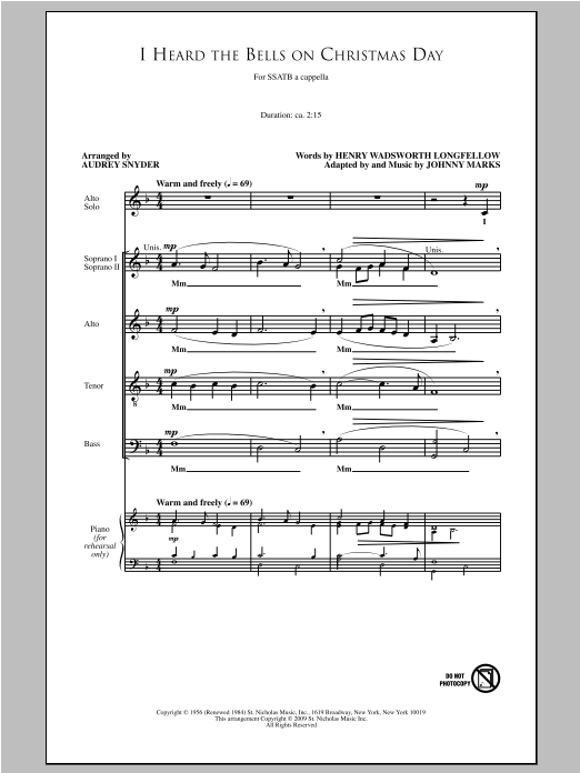 Download Audrey Snyder I Heard The Bells On Christmas Day Sheet Music and learn how to play SATB PDF digital score in minutes