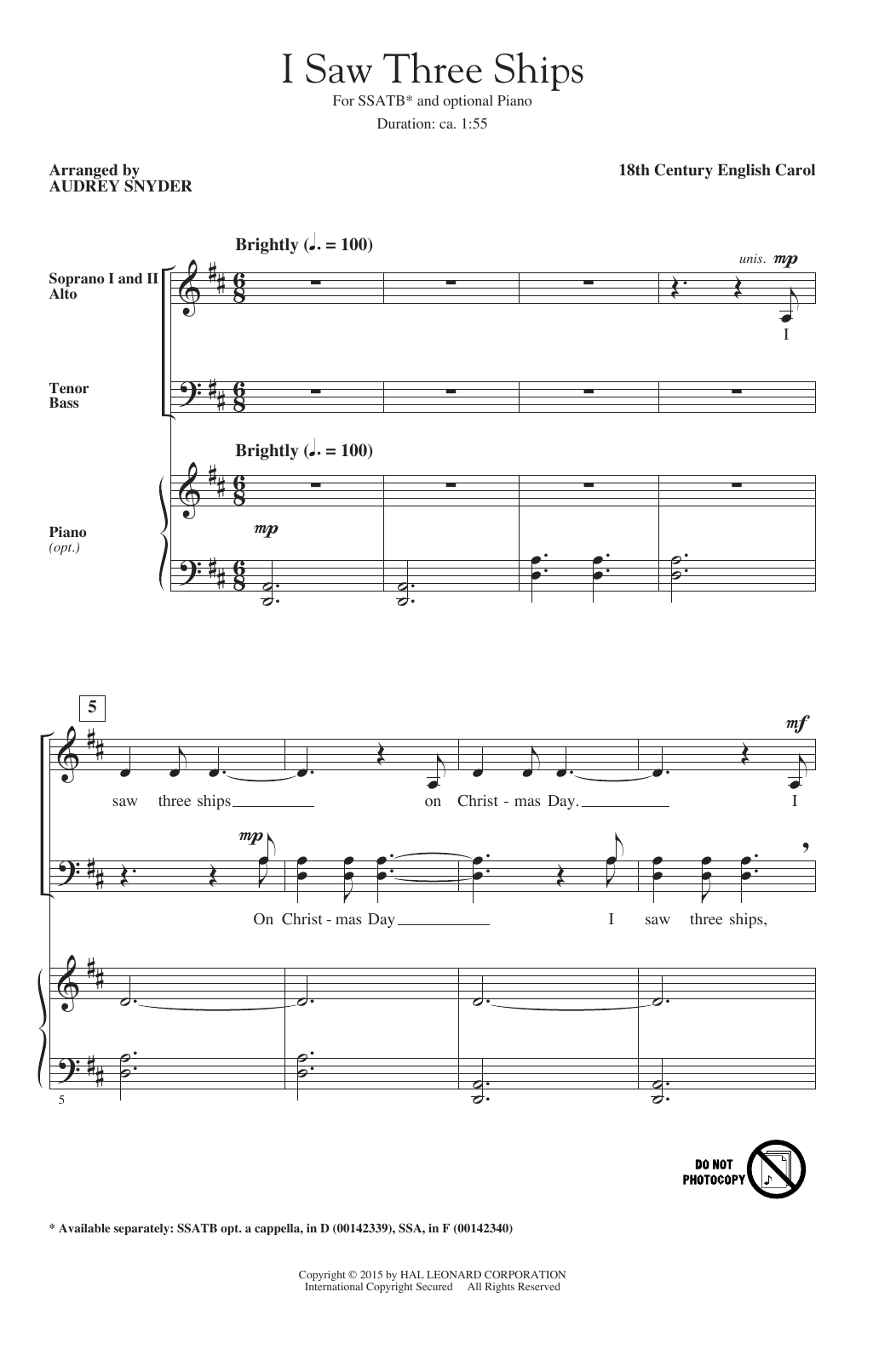 Download Audrey Snyder I Saw Three Ships Sheet Music and learn how to play SSA PDF digital score in minutes