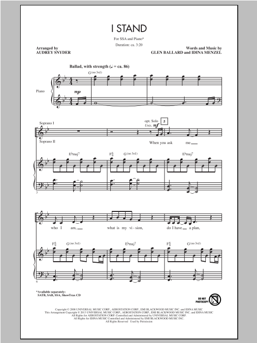 Download Idina Menzel I Stand (arr. Audrey Snyder) Sheet Music and learn how to play SATB PDF digital score in minutes