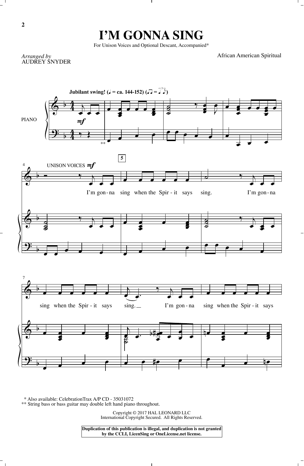 Download African-American Spiritual I'm Gonna Sing (arr. Audrey Snyder) Sheet Music and learn how to play Unison Choral PDF digital score in minutes