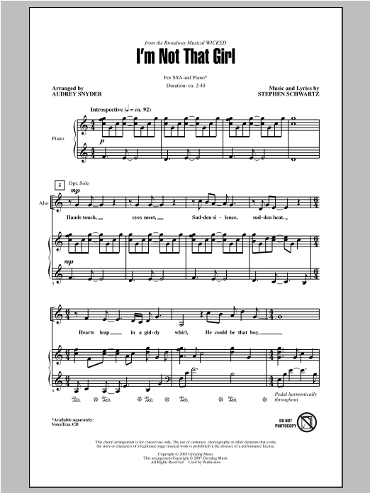 Download Stephen Schwartz I'm Not That Girl (from Wicked) (arr. Audrey Snyder) Sheet Music and learn how to play SSA PDF digital score in minutes