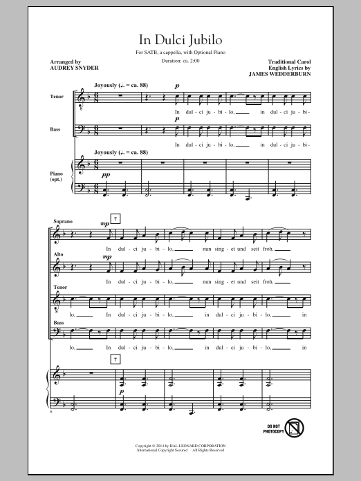 Download Christmas Carol In Dulci Jubilo (arr. Audrey Snyder) Sheet Music and learn how to play SATB PDF digital score in minutes