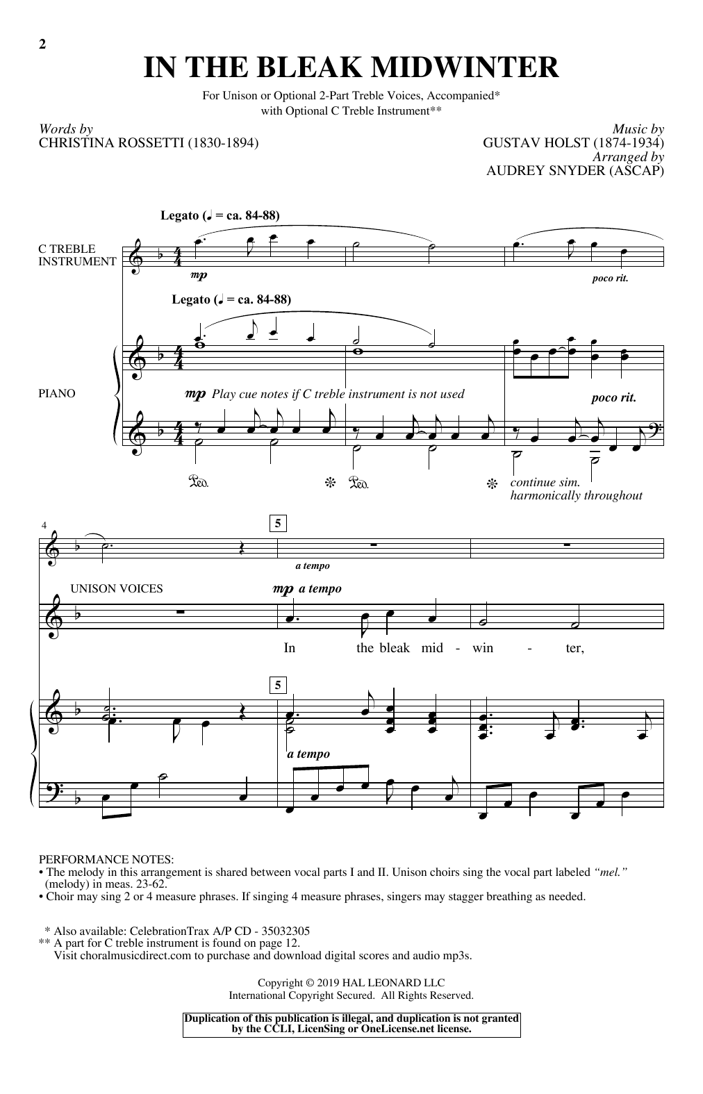 Download Audrey Snyder In The Bleak Midwinter Sheet Music and learn how to play Unison Choir PDF digital score in minutes