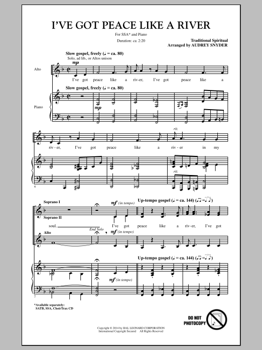 Download Traditional I've Got Peace Like A River (arr. Audrey Snyder) Sheet Music and learn how to play SSA PDF digital score in minutes