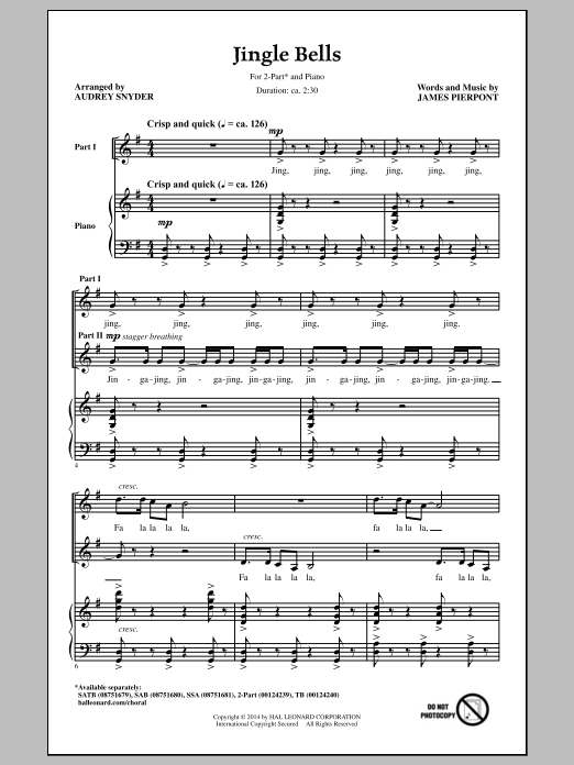 Download Audrey Snyder Jingle Bells Sheet Music and learn how to play SSA Choir PDF digital score in minutes