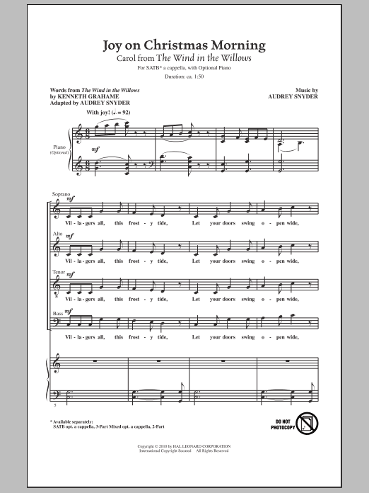 Download Audrey Snyder Joy On Christmas Morning (Carol from The Wind In The Willows) Sheet Music and learn how to play 2-Part Choir PDF digital score in minutes