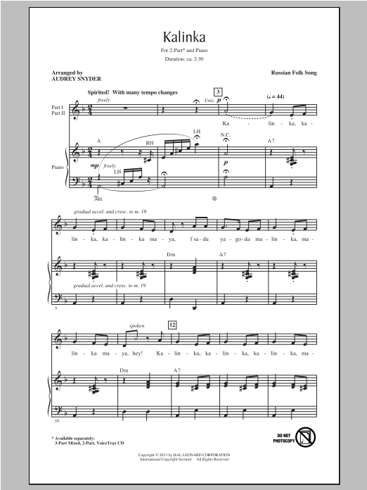 Download Traditional Kalinka (Little Snowball Bush) (arr. Audrey Snyder) Sheet Music and learn how to play 3-Part Mixed PDF digital score in minutes