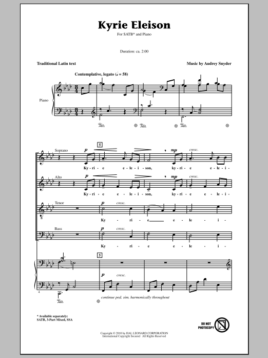 Download Audrey Snyder Kyrie Eleison Sheet Music and learn how to play 3-Part Mixed Choir PDF digital score in minutes