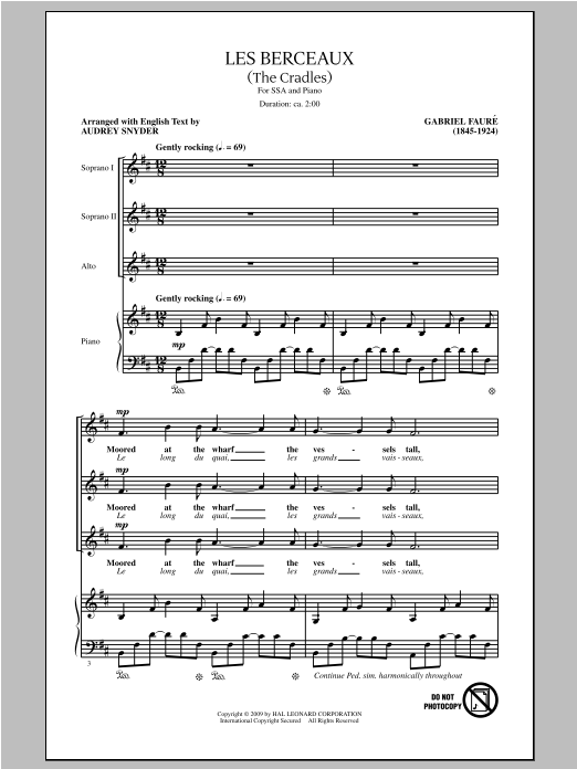 Download Gabriel Fauré Les Berceaux (The Cradles) (arr. Audrey Snyder) Sheet Music and learn how to play SSA PDF digital score in minutes