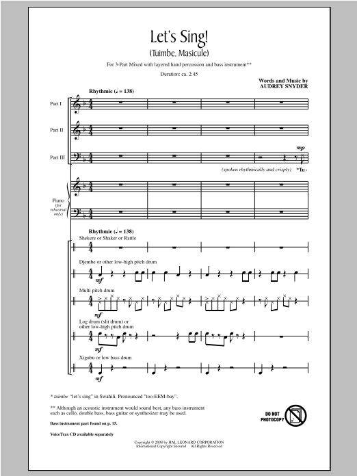 Download Audrey Snyder Let's Sing (Tuimbe, Masicule) Sheet Music and learn how to play 3-Part Mixed PDF digital score in minutes
