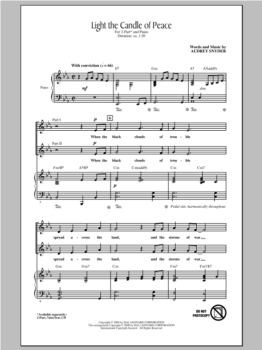 Download Audrey Snyder Light The Candle Of Peace Sheet Music and learn how to play 2-Part Choir PDF digital score in minutes