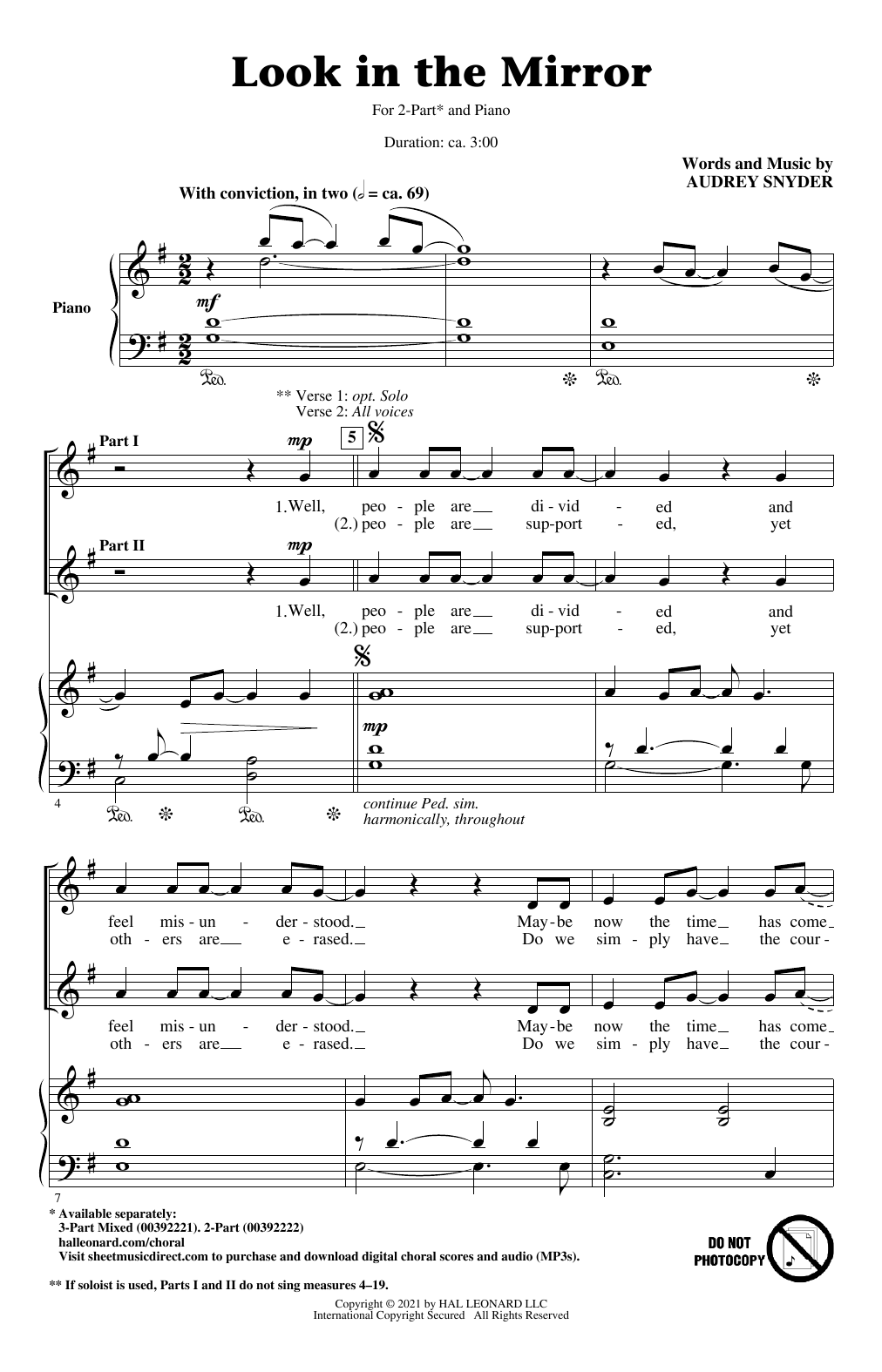 Download Audrey Snyder Look In The Mirror Sheet Music and learn how to play 2-Part Choir PDF digital score in minutes