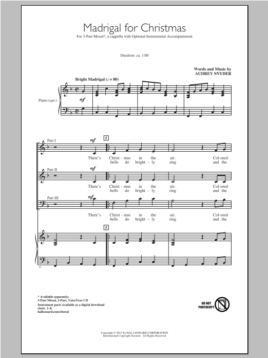 Download Audrey Snyder Madrigal For Christmas Sheet Music and learn how to play 3-Part Mixed PDF digital score in minutes