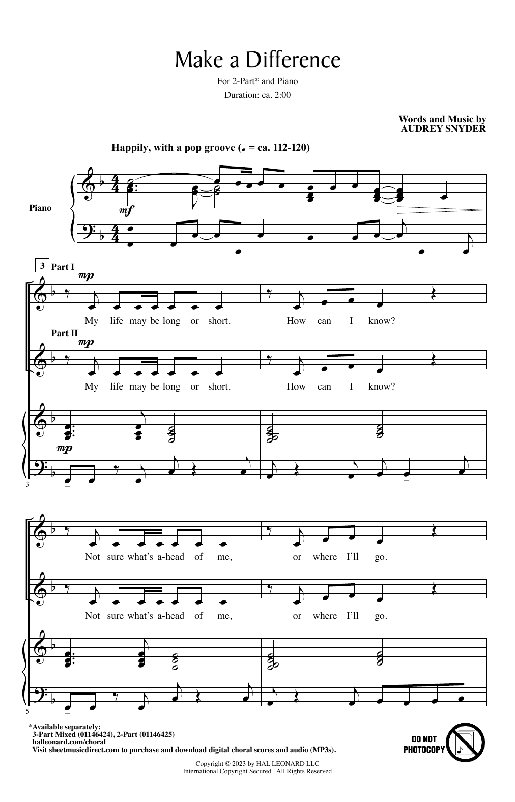 Download Audrey Snyder Make A Difference Sheet Music and learn how to play 3-Part Mixed Choir PDF digital score in minutes
