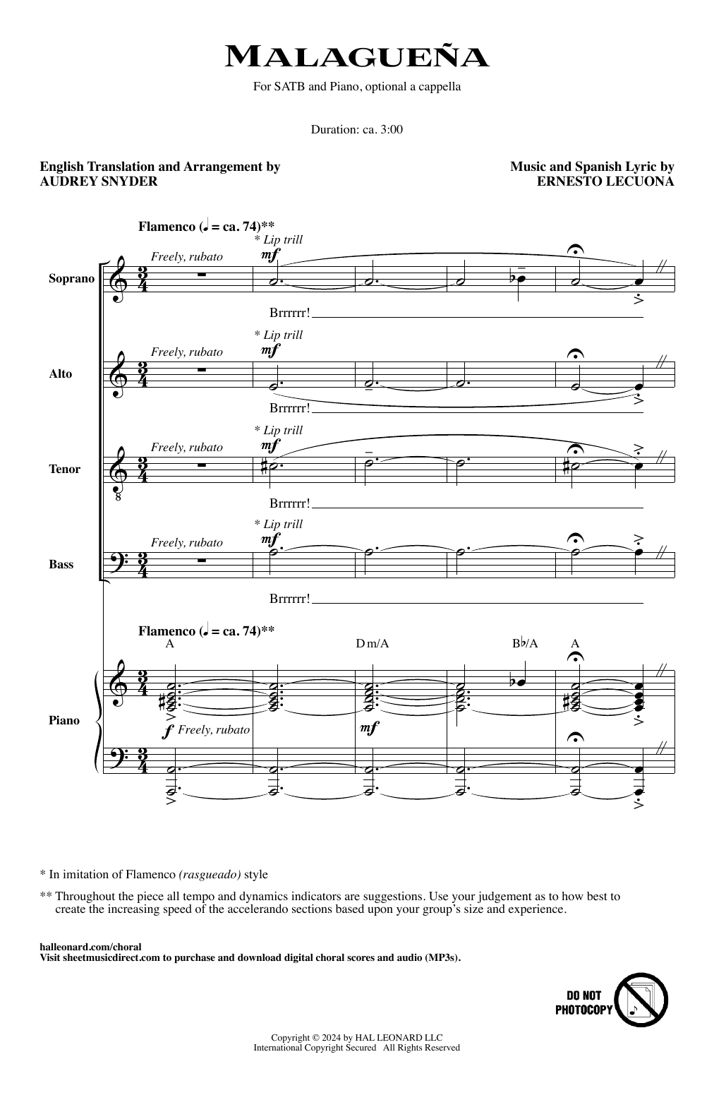 Download Audrey Snyder Malagueña Sheet Music and learn how to play SATB Choir PDF digital score in minutes