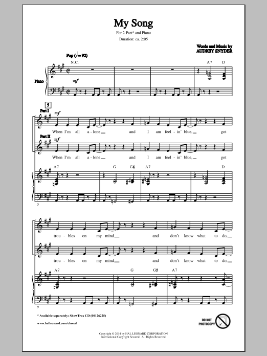 Download Audrey Snyder My Song Sheet Music and learn how to play 2-Part Choir PDF digital score in minutes