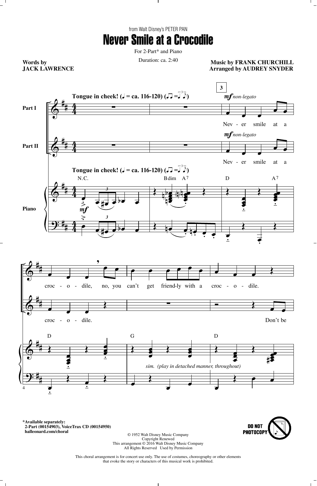 Download Audrey Snyder Never Smile At A Crocodile Sheet Music and learn how to play 2-Part Choir PDF digital score in minutes