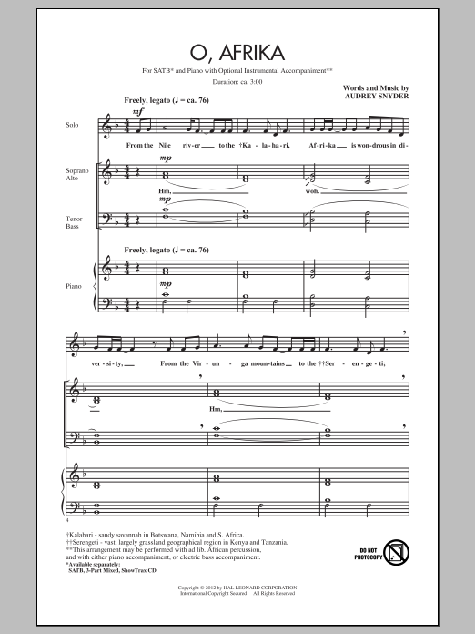 Download Audrey Snyder O, Afrika Sheet Music and learn how to play 3-Part Mixed PDF digital score in minutes