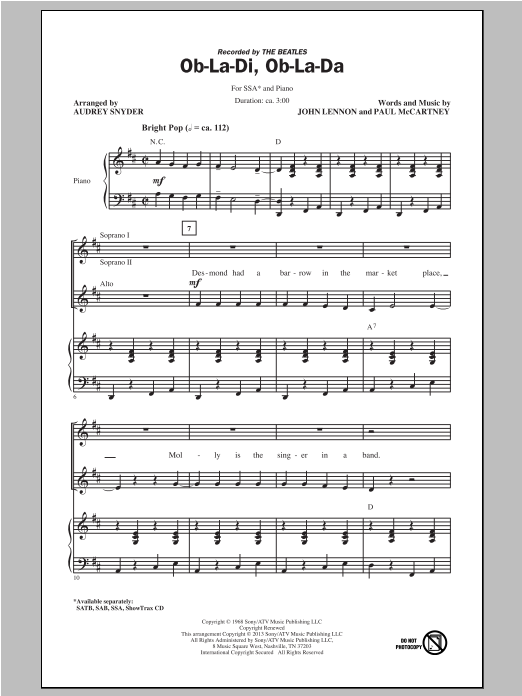 Download The Beatles Ob-La-Di, Ob-La-Da (arr. Audrey Snyder) Sheet Music and learn how to play SSA PDF digital score in minutes