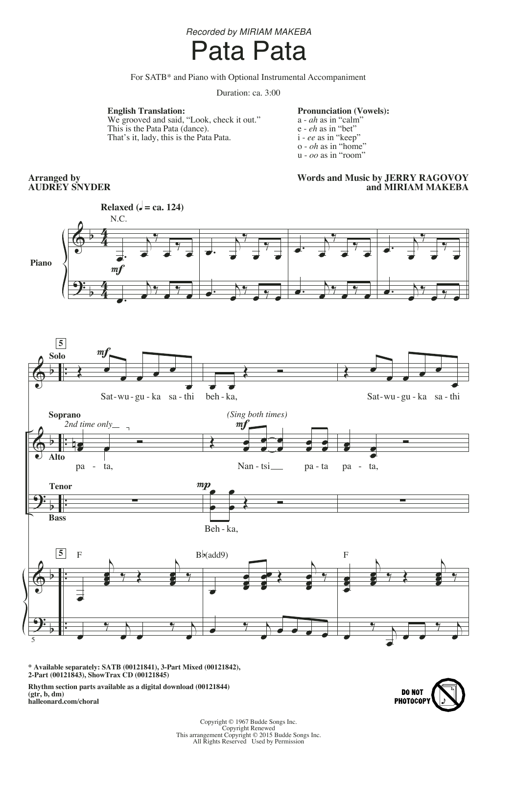 Download Audrey Snyder Pata Pata Sheet Music and learn how to play 2-Part Choir PDF digital score in minutes