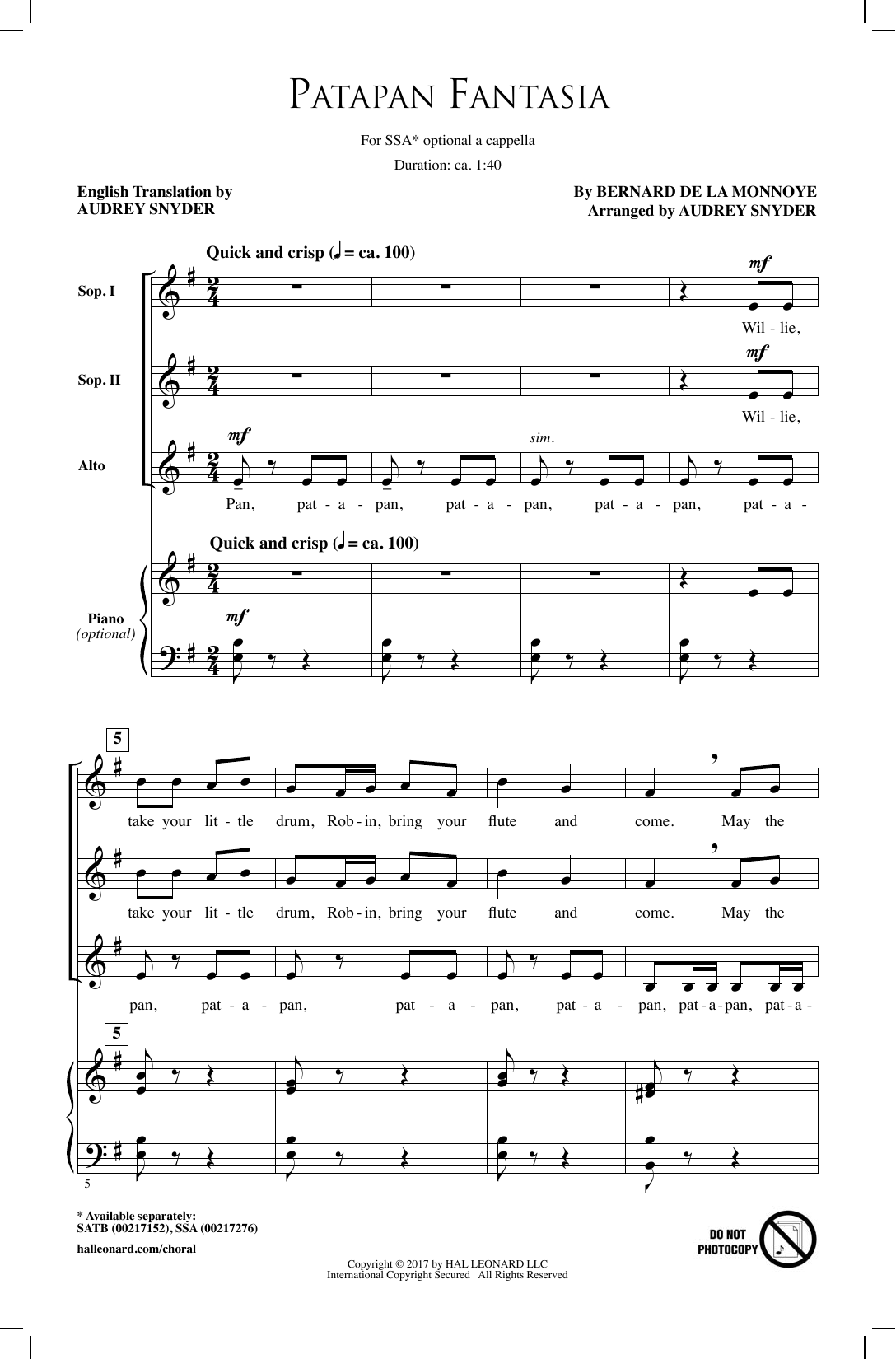 Download Audrey Snyder Patapan Fantasia Sheet Music and learn how to play SSA PDF digital score in minutes