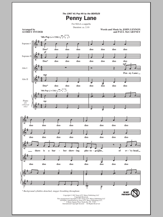 Download Audrey Snyder Penny Lane Sheet Music and learn how to play SSA PDF digital score in minutes