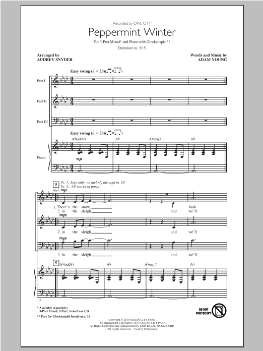 Download Owl City Peppermint Winter (arr. Audrey Snyder) Sheet Music and learn how to play 3-Part Mixed PDF digital score in minutes