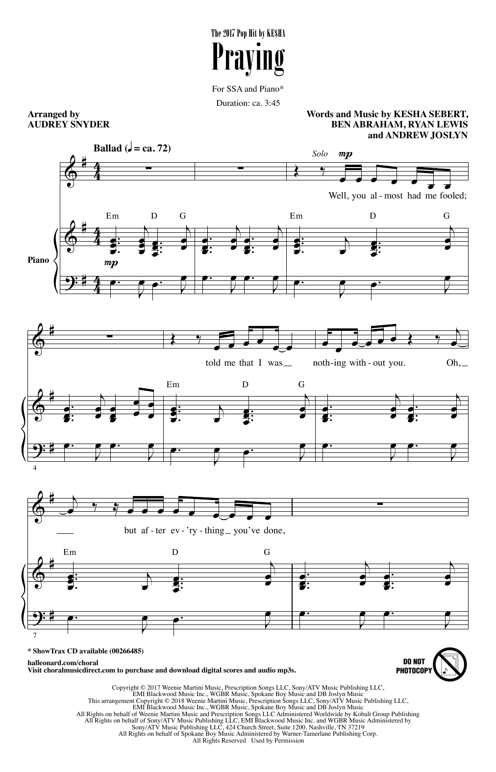 Download Audrey Snyder Praying Sheet Music and learn how to play SSA PDF digital score in minutes