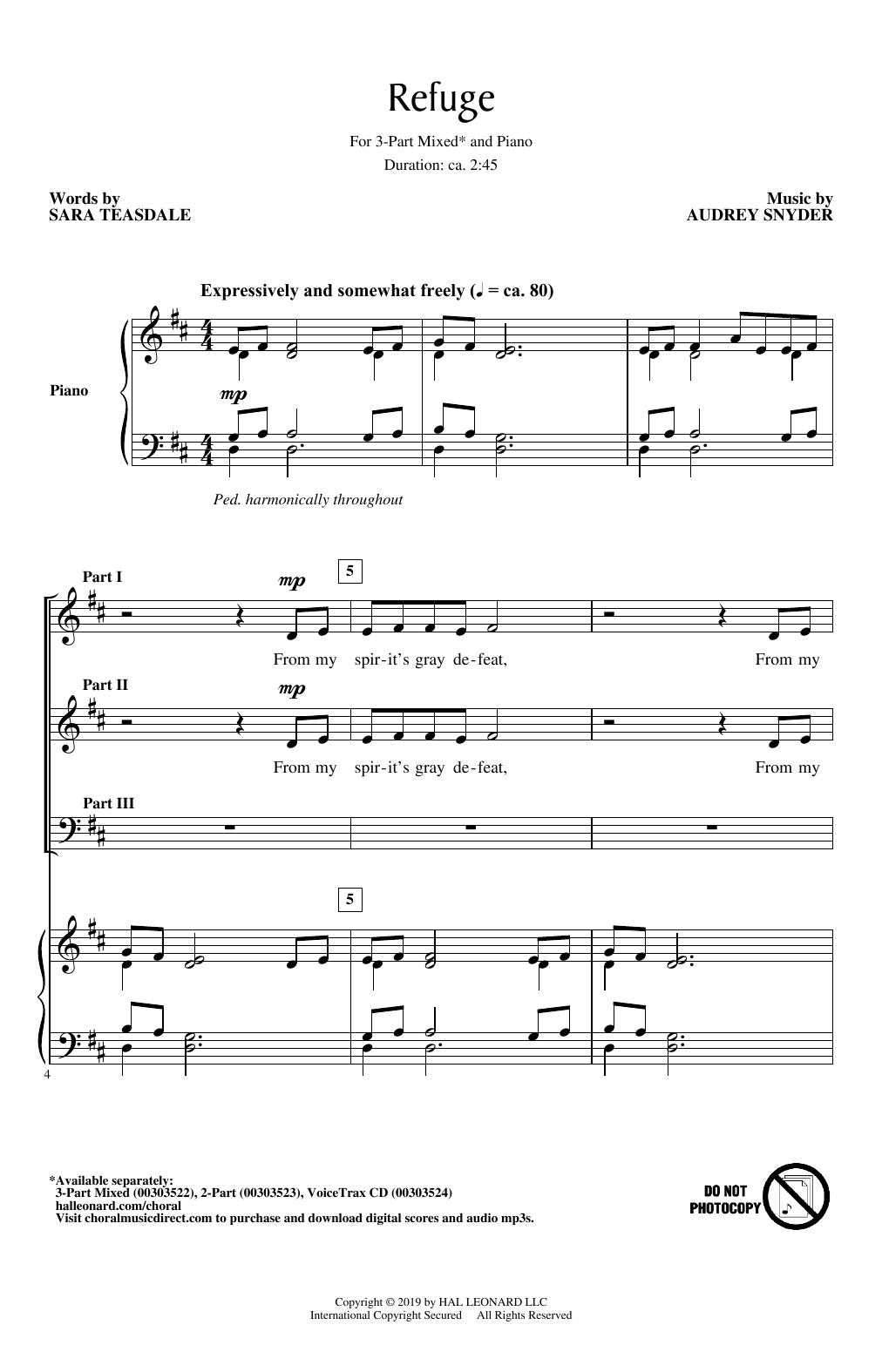 Download Audrey Snyder Refuge Sheet Music and learn how to play 3-Part Mixed Choir PDF digital score in minutes