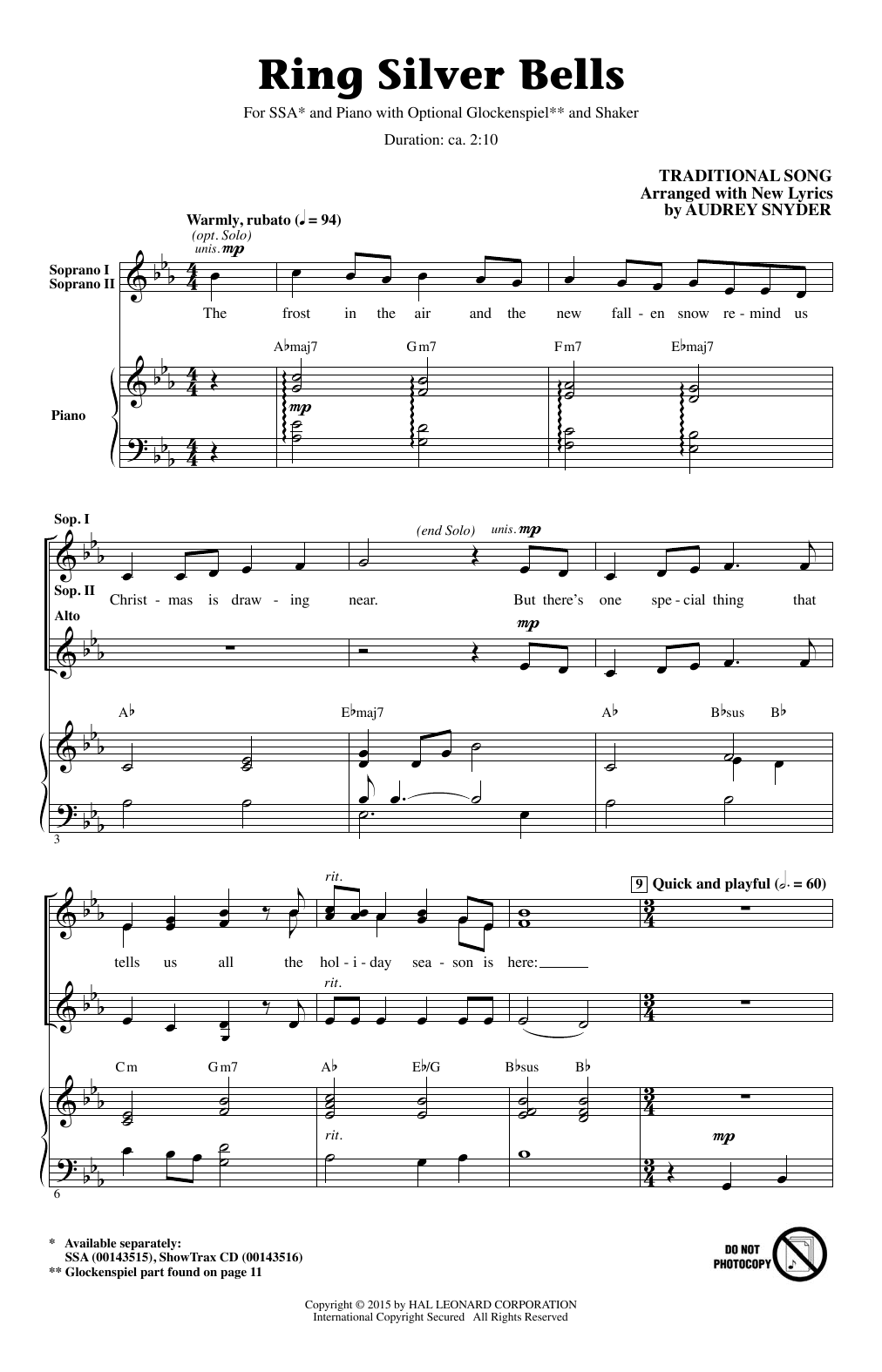 Download Audrey Snyder Ring Silver Bells Sheet Music and learn how to play SSA PDF digital score in minutes
