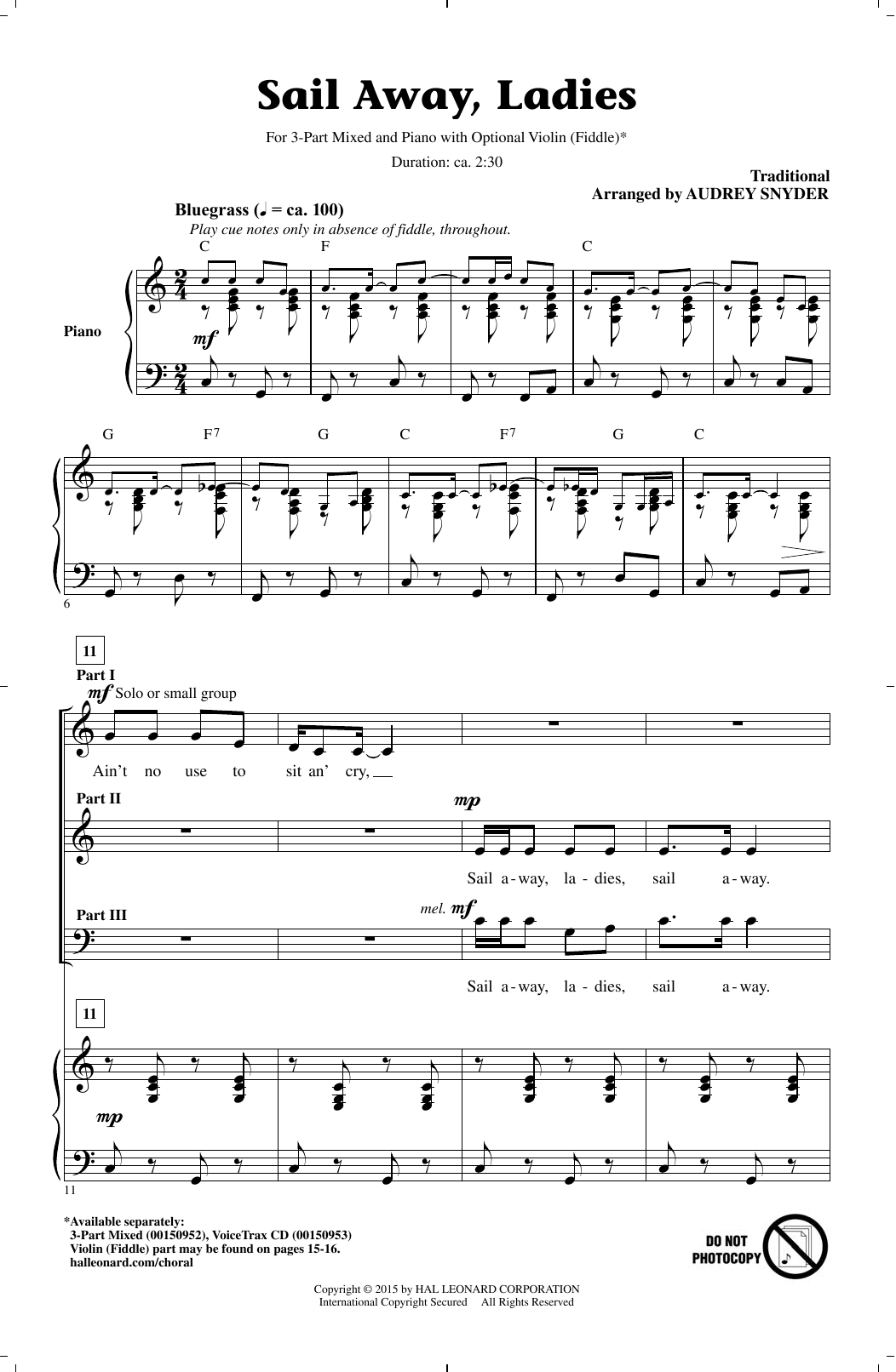 Download Traditional Folksong Sail Away Ladies (arr. Audrey Snyder) Sheet Music and learn how to play 3-Part Mixed PDF digital score in minutes