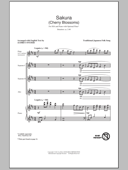 Download Japanese Folksong Sakura (Cherry Blossoms) (arr. Audrey Snyder) Sheet Music and learn how to play SSA PDF digital score in minutes