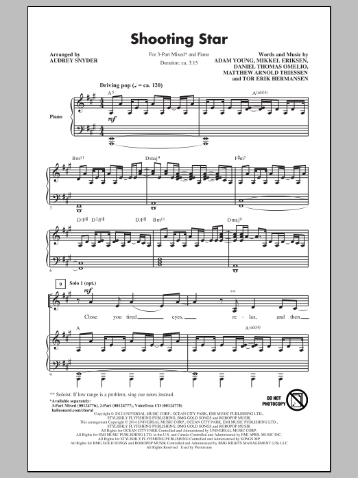 Download Owl City Shooting Star (arr. Audrey Snyder) Sheet Music and learn how to play 3-Part Mixed PDF digital score in minutes