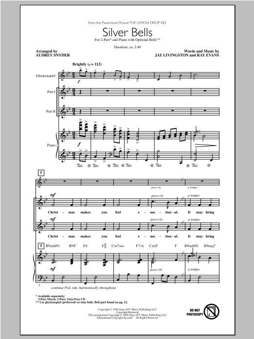 Download Jay Livingston Silver Bells (arr. Audrey Snyder) Sheet Music and learn how to play 2-Part Choir PDF digital score in minutes
