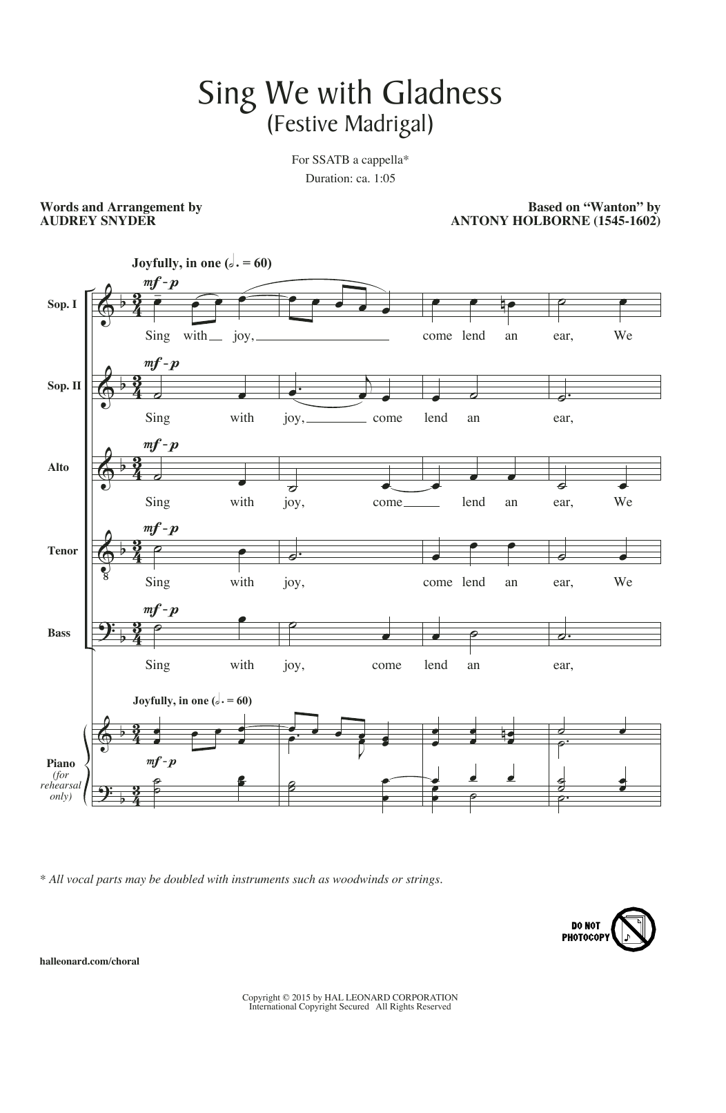 Download Anthony Holborne Sing We With Gladness (Festive Madrigal) (arr. Audrey Snyder) Sheet Music and learn how to play SATB PDF digital score in minutes