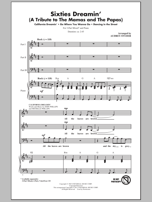 Download Audrey Snyder Sixties Dreamin' (A Tribute to The Mamas And The Papas) Sheet Music and learn how to play 3-Part Mixed Choir PDF digital score in minutes