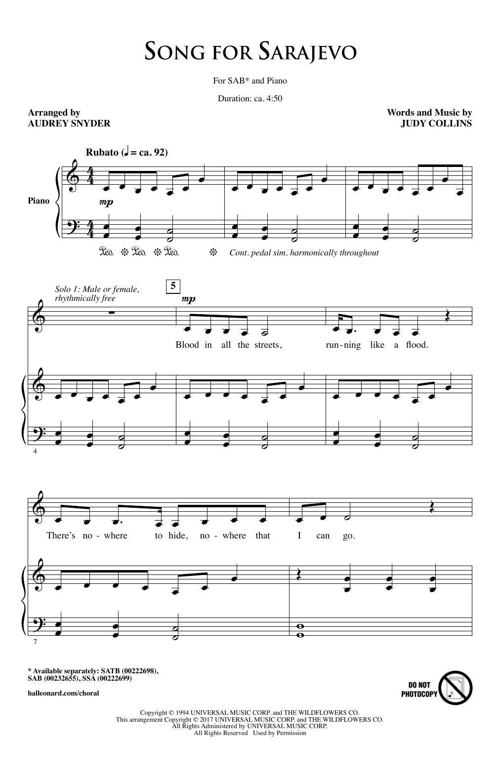 Download Audrey Snyder Song For Sarajevo Sheet Music and learn how to play SAB PDF digital score in minutes