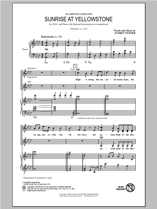 Download Audrey Snyder Sunrise At Yellowstone (from American Landscapes) Sheet Music and learn how to play SSA PDF digital score in minutes