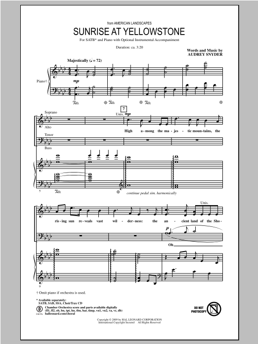 Download Audrey Snyder Sunrise At Yellowstone (from American Landscapes) Sheet Music and learn how to play SATB PDF digital score in minutes