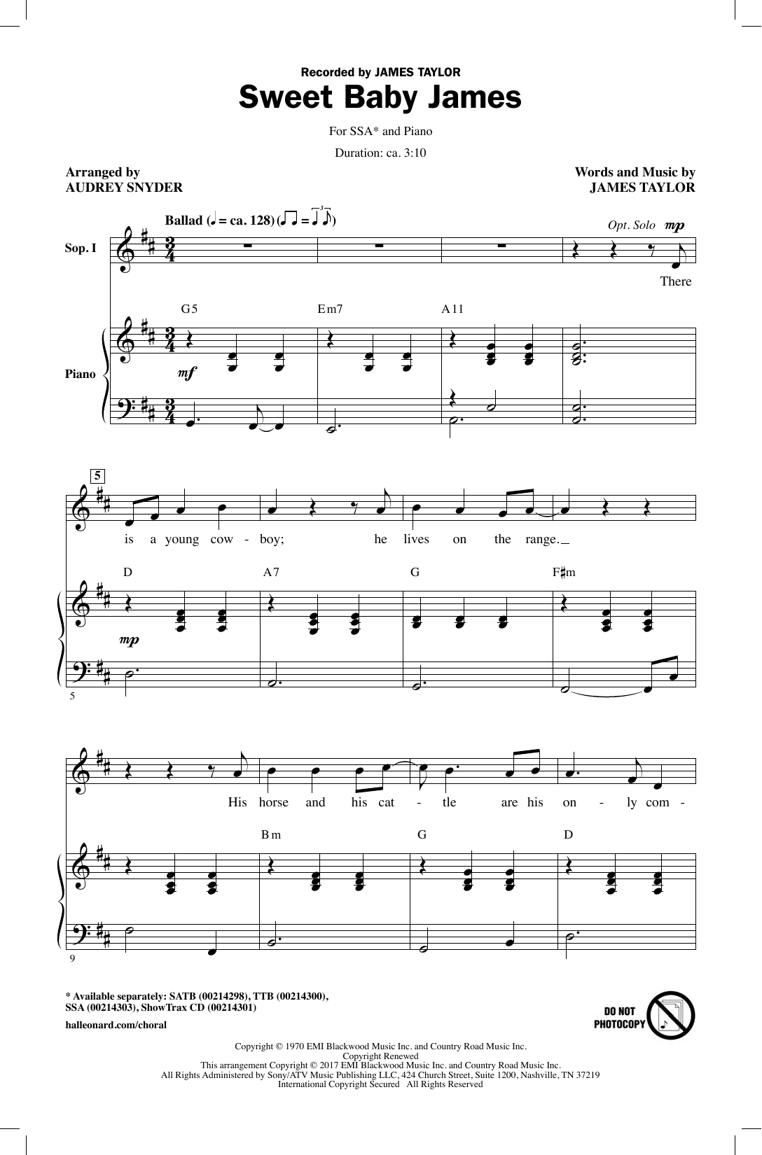 Download Audrey Snyder Sweet Baby James Sheet Music and learn how to play SATB PDF digital score in minutes