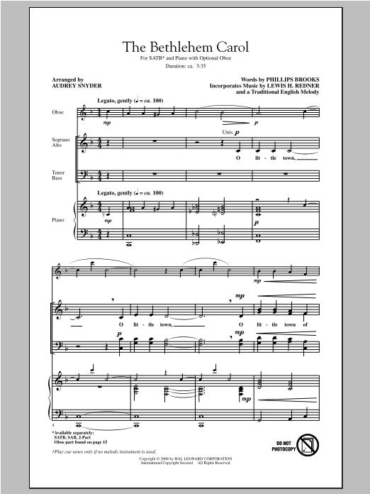Download Audrey Snyder The Bethlehem Carol Sheet Music and learn how to play SAB PDF digital score in minutes