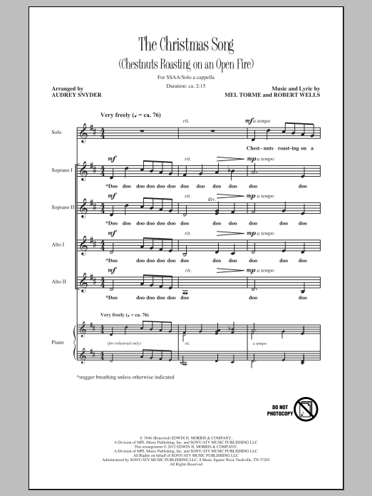 Download Mel Torme The Christmas Song (Chestnuts Roasting On An Open Fire) (arr. Audrey Snyder) Sheet Music and learn how to play SSA PDF digital score in minutes