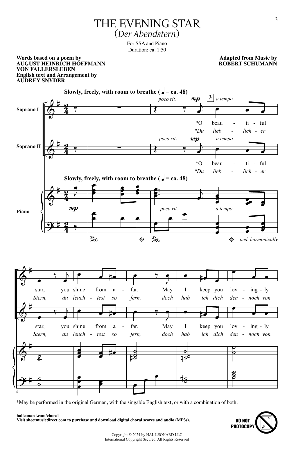 Download Audrey Snyder The Evening Star (Der Abendstern) Sheet Music and learn how to play SSA Choir PDF digital score in minutes