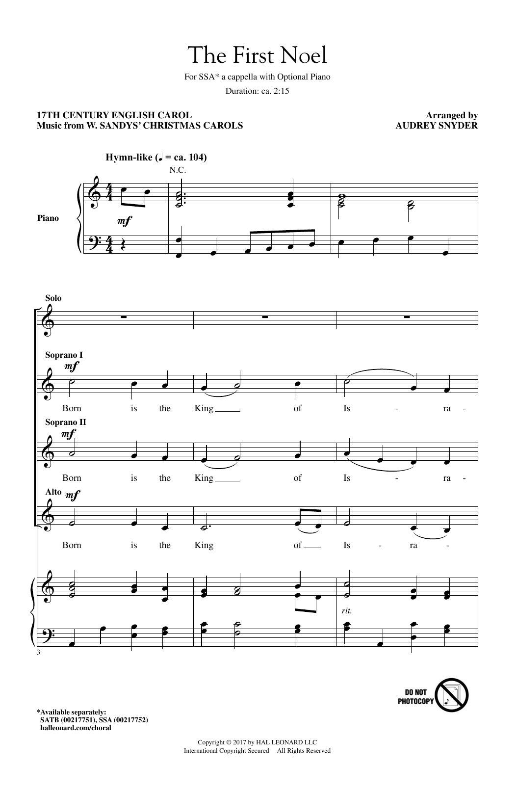 Download Audrey Snyder The First Noel Sheet Music and learn how to play SSA PDF digital score in minutes