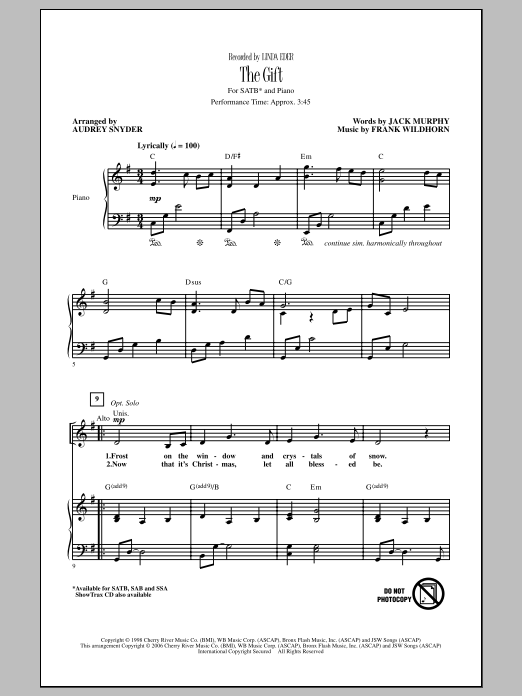 Download Linda Eder The Gift (arr. Audrey Snyder) Sheet Music and learn how to play SSA PDF digital score in minutes