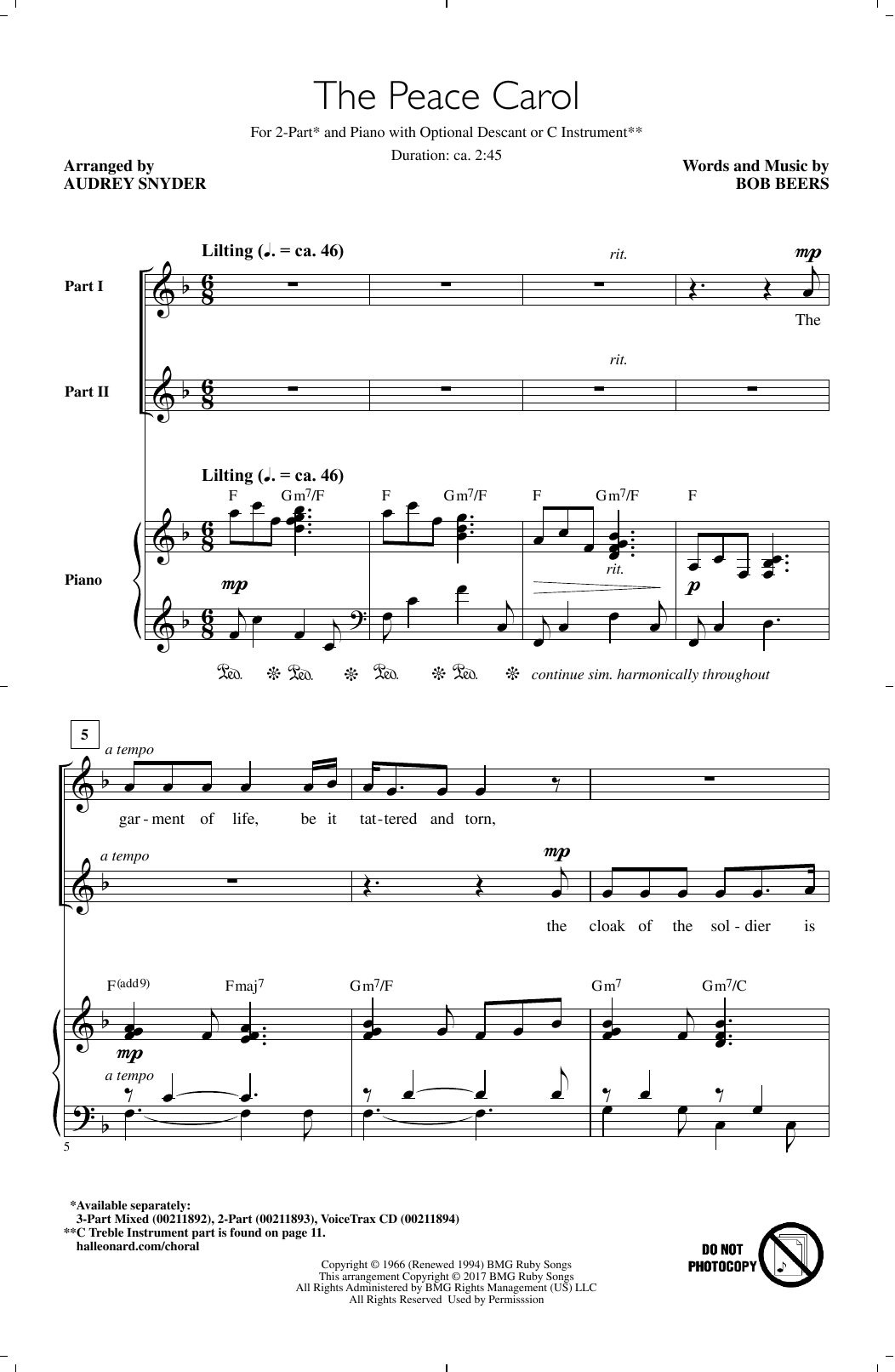 Download Audrey Snyder The Peace Carol Sheet Music and learn how to play 2-Part Choir PDF digital score in minutes